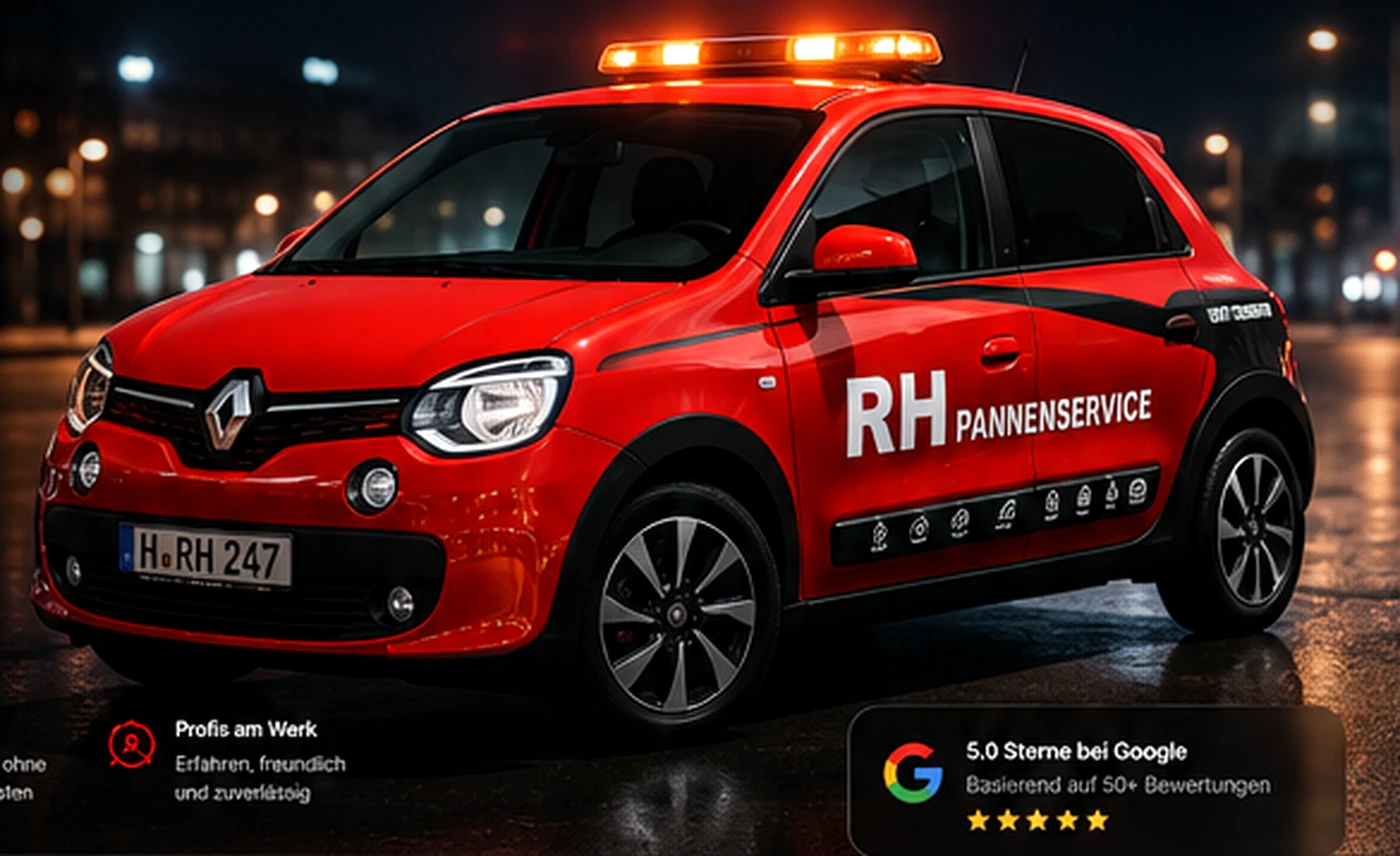 Roter RH Pannenservice Twingo bei einem nächtlichen Einsatz