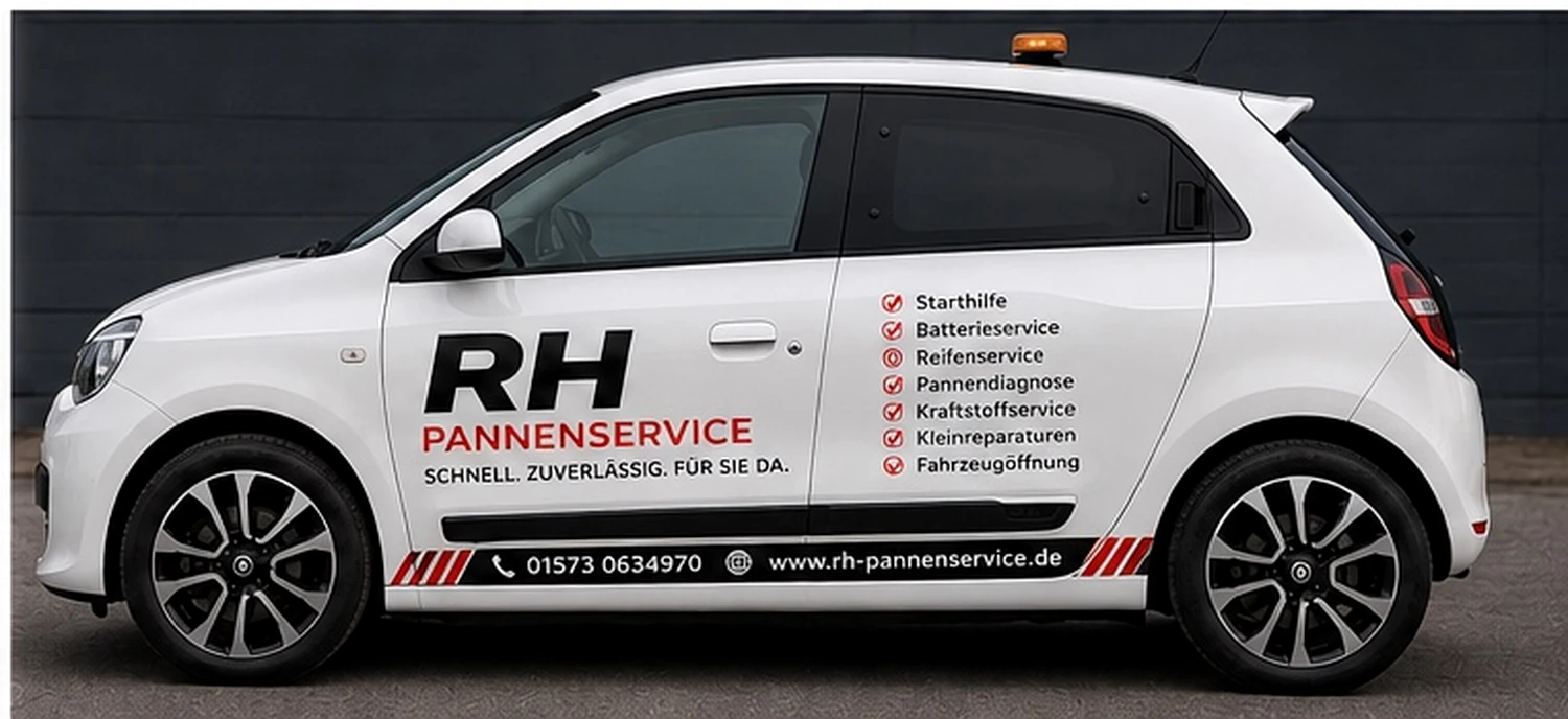 Weiße Seitenansicht des RH Pannenservice Twingo
